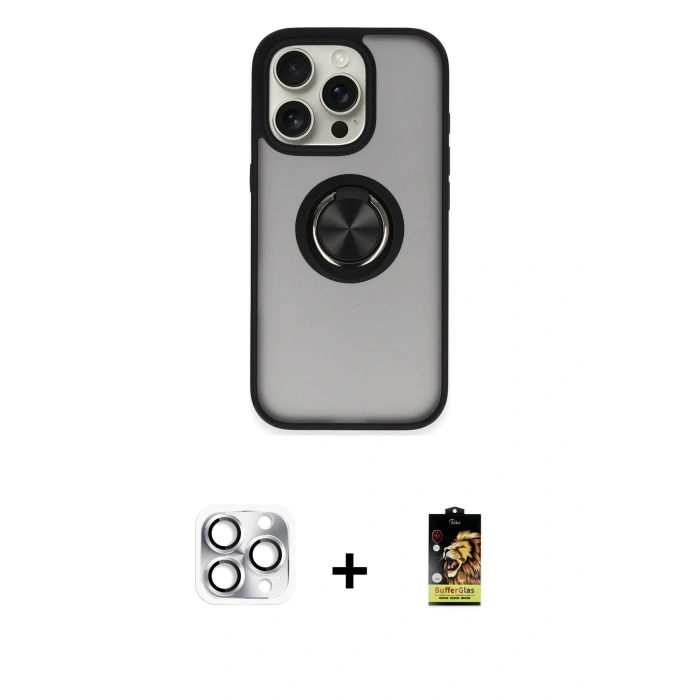 MARSİLYAN™- iPhone 16 Pro Max Kılıf Yörünge Çizgi - Siyah Buffer Cam Ekran Koruyucu + Pers Alüminyum Kamera Lens - GS