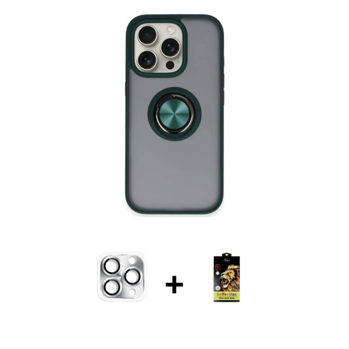 MARSİLYAN™- iPhone 16 Pro Max Kılıf Yörünge Çizgi - Siyah Buffer Cam Ekran Koruyucu + Pers Alüminyum Kamera Lens - GS