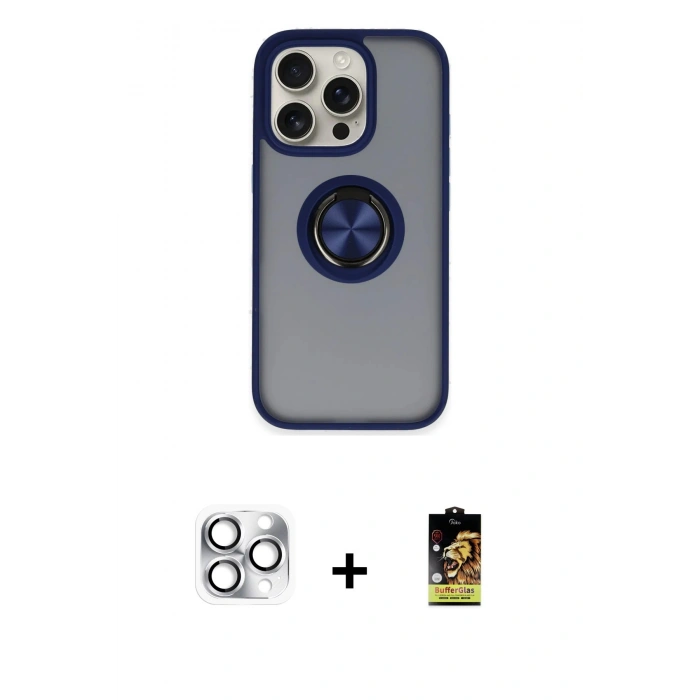 MARSİLYAN™- iPhone 16 Pro Max Kılıf Yörünge Çizgi - Siyah Buffer Cam Ekran Koruyucu + Pers Alüminyum Kamera Lens - GS