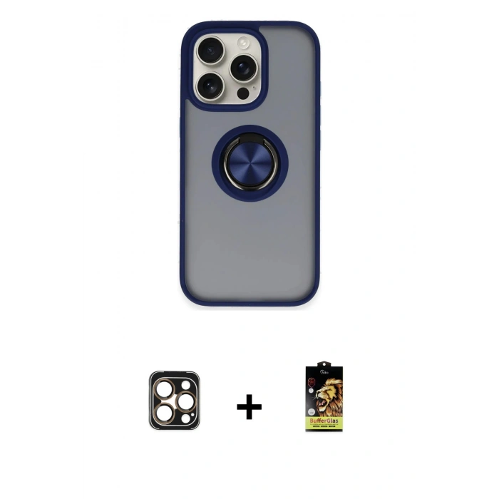 MARSİLYAN™- iPhone 16 Pro Max Kılıf Yörünge Çizgi - Siyah Buffer Cam Ekran Koruyucu + PVD Metal Kamera Lens - GD