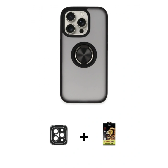 MARSİLYAN™- iPhone 16 Pro Max Kılıf Yörünge Çizgi - Siyah Buffer Cam Ekran Koruyucu + PVD Metal Kamera Lens - SH