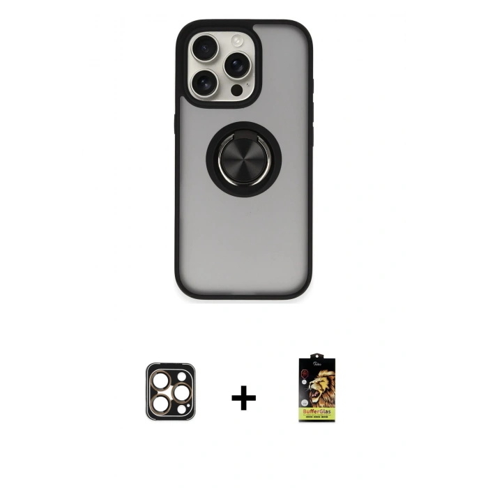 MARSİLYAN™- iPhone 16 Pro Max Kılıf Yörünge Çizgi - Siyah Buffer Cam Ekran Koruyucu + PVD Metal Kamera Lens - GD