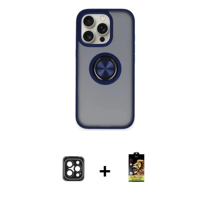 MARSİLYAN™- iPhone 16 Pro Max Kılıf Yörünge Çizgi - Siyah Buffer Cam Ekran Koruyucu + PVD Metal Kamera Lens - SH