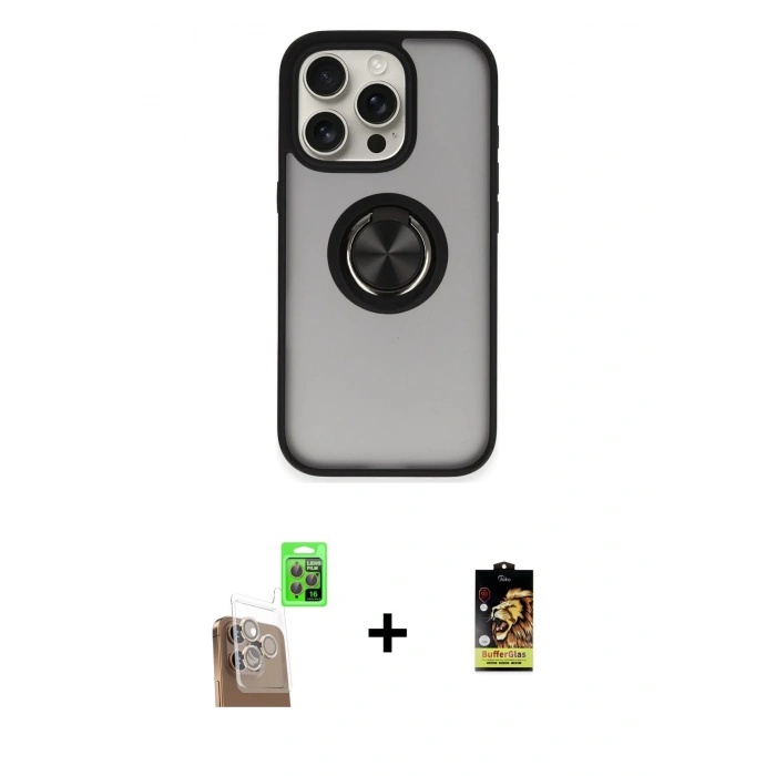 MARSİLYAN™- iPhone 16 Pro Max Kılıf Yörünge Çizgi - Siyah Buffer Cam Ekran Koruyucu + Raze Metal Kamera Lens - CLTM