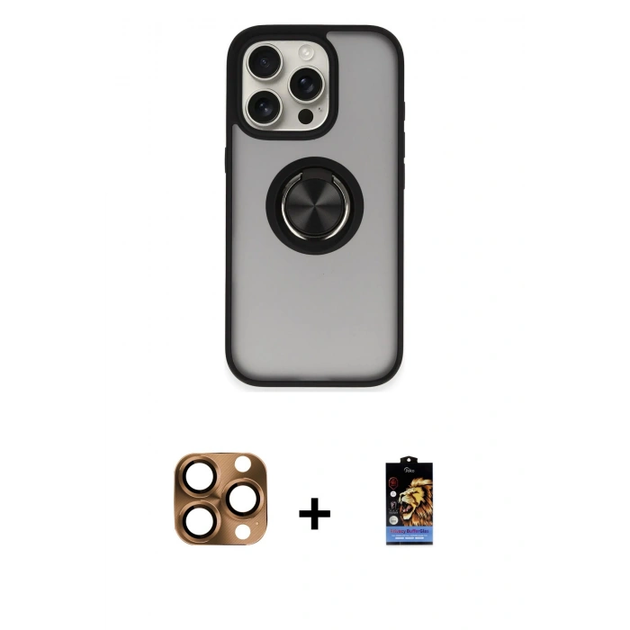 MARSİLYAN™- iPhone 16 Pro Max Kılıf Yörünge Çizgi - Siyah Buffer Hayalet Cam Ekran Koruyucu + Çöl Titanyum Pers Alüminyum Kamera Lens