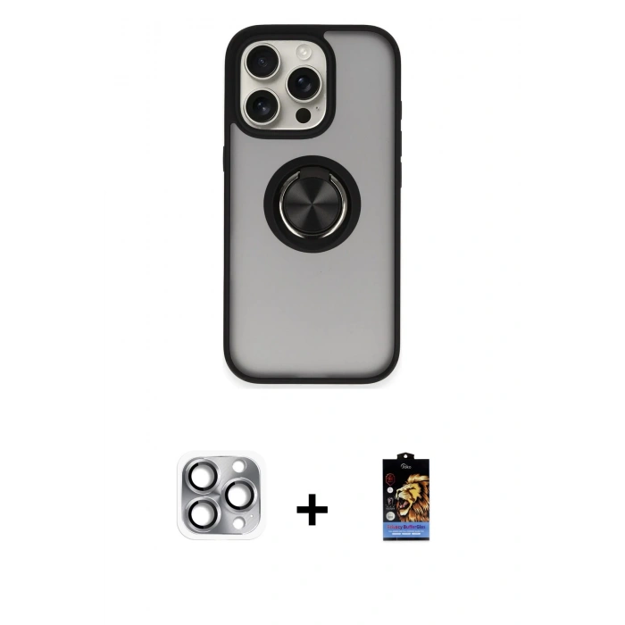 MARSİLYAN™- iPhone 16 Pro Max Kılıf Yörünge Çizgi - Siyah Buffer Hayalet Cam Ekran Koruyucu + Pers Alüminyum Kamera Lens - GI
