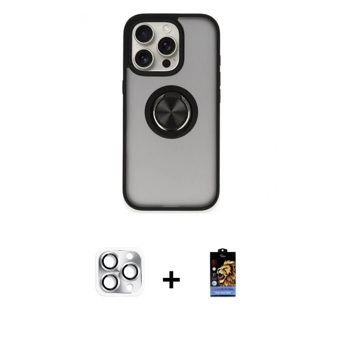MARSİLYAN™- iPhone 16 Pro Max Kılıf Yörünge Çizgi - Siyah Buffer Hayalet Cam Ekran Koruyucu + Pers Alüminyum Kamera Lens - GS