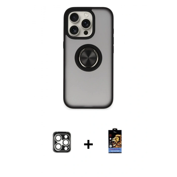 MARSİLYAN™- iPhone 16 Pro Max Kılıf Yörünge Çizgi - Siyah Buffer Hayalet Cam Ekran Koruyucu + PVD Metal Kamera Lens - GS