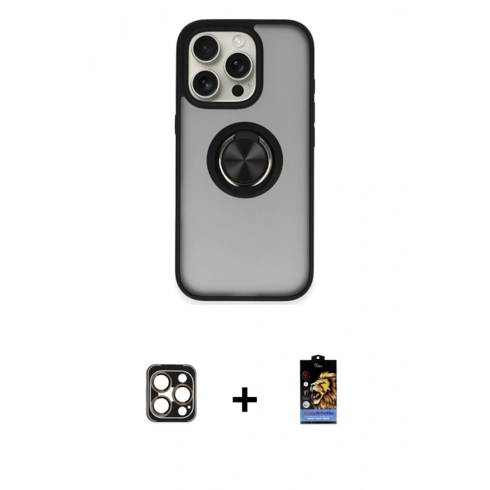 MARSİLYAN™- iPhone 16 Pro Max Kılıf Yörünge Çizgi - Siyah Buffer Hayalet Cam Ekran Koruyucu + PVD Metal Kamera Lens - GD