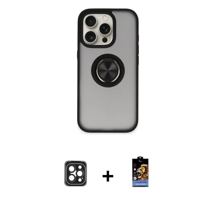 MARSİLYAN™- iPhone 16 Pro Max Kılıf Yörünge Çizgi - Siyah Buffer Hayalet Cam Ekran Koruyucu + Siyah PVD Metal Kamera Lens