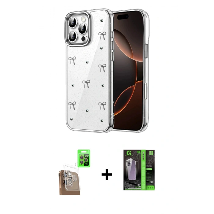 MARSİLYAN™- iPhone 16 Pro Max Kılıf Yörünge Form - Şeffaf 360 Full Body Arka Koruyucu + Raze Metal Kamera Lens - CLTM