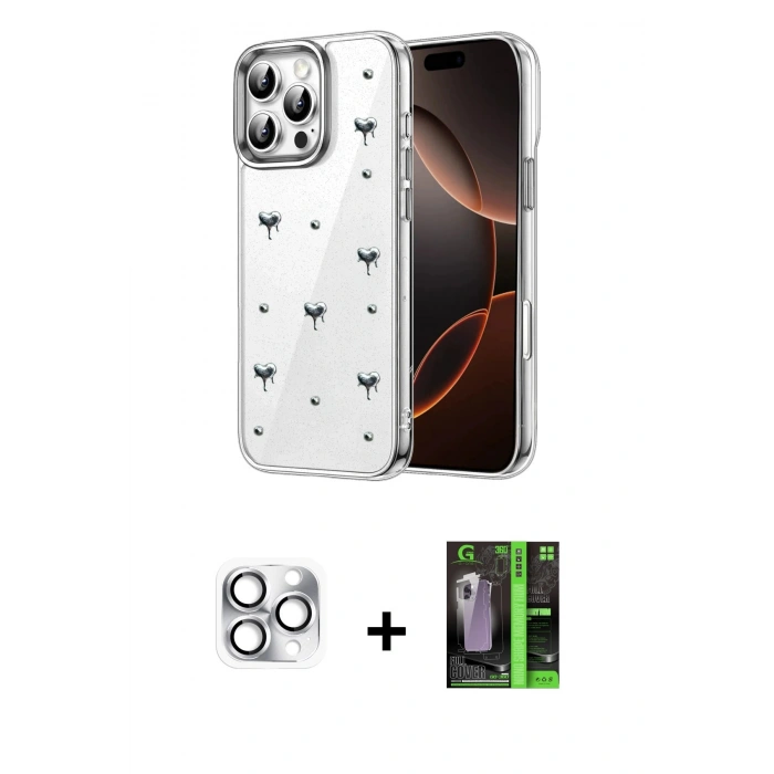 MARSİLYAN™- iPhone 16 Pro Max Kılıf Yörünge Form - Şeffaf 360 Full Body Arka Koruyucu + Pers Alüminyum Kamera Lens - GS