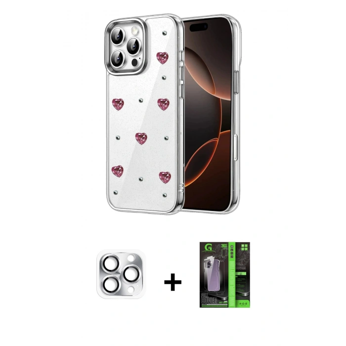 MARSİLYAN™- iPhone 16 Pro Max Kılıf Yörünge Form - Şeffaf 360 Full Body Arka Koruyucu + Pers Alüminyum Kamera Lens - GS