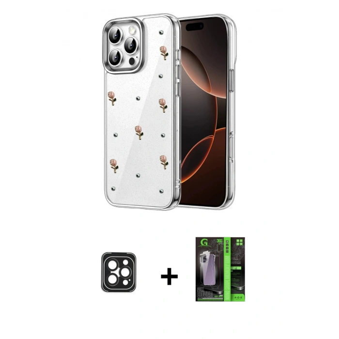 MARSİLYAN™- iPhone 16 Pro Max Kılıf Yörünge Form - Şeffaf 360 Full Body Arka Koruyucu + PVD Metal Kamera Lens - SH