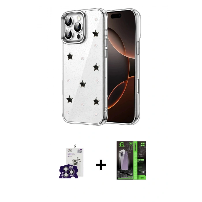 MARSİLYAN™- iPhone 16 Pro Max Kılıf Yörünge Form - Şeffaf 360 Full Body Arka Koruyucu + Bilvis Titan Kamera Lens - TMGI