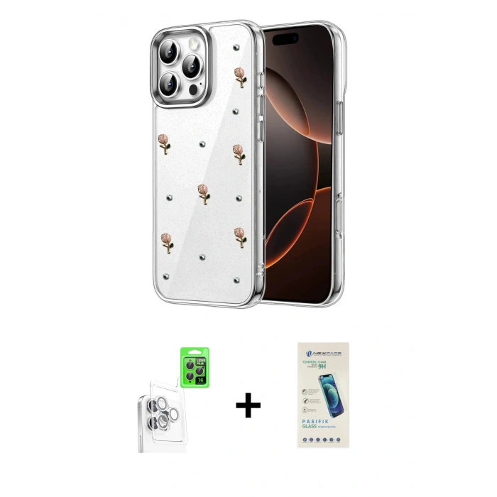 MARSİLYAN™- iPhone 16 Pro Max Kılıf Yörünge Form - Şeffaf Pasifik Cam Ekran Koruyucu + Raze Metal Kamera Lens - BZ