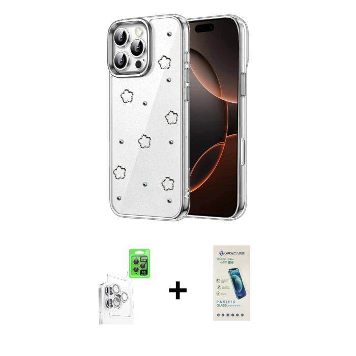 MARSİLYAN™- iPhone 16 Pro Max Kılıf Yörünge Form - Şeffaf Pasifik Cam Ekran Koruyucu + Raze Metal Kamera Lens - BZ