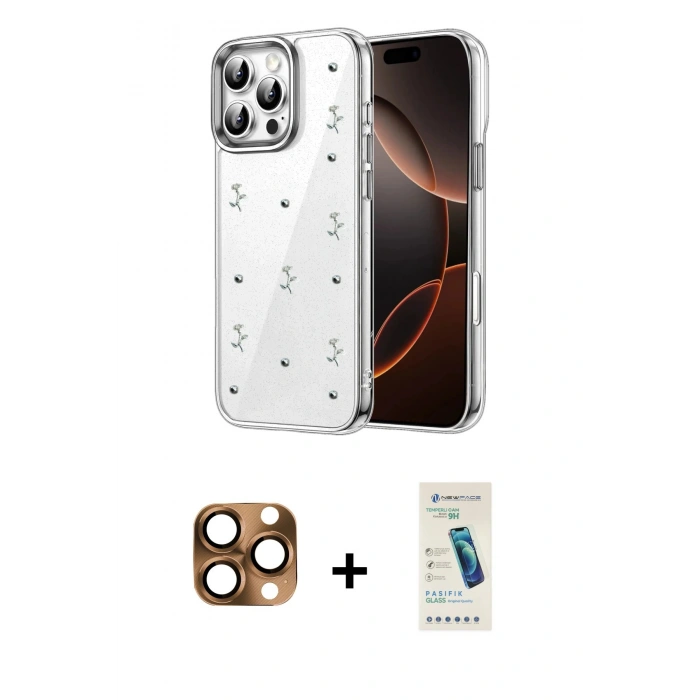MARSİLYAN™- iPhone 16 Pro Max Kılıf Yörünge Form - Şeffaf Pasifik Cam Ekran Koruyucu + Pers Alüminyum Kamera Lens - CLTM