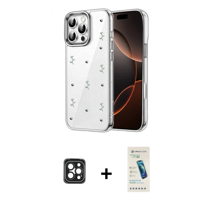 MARSİLYAN™- iPhone 16 Pro Max Kılıf Yörünge Form - Şeffaf Pasifik Cam Ekran Koruyucu + PVD Metal Kamera Lens - SH