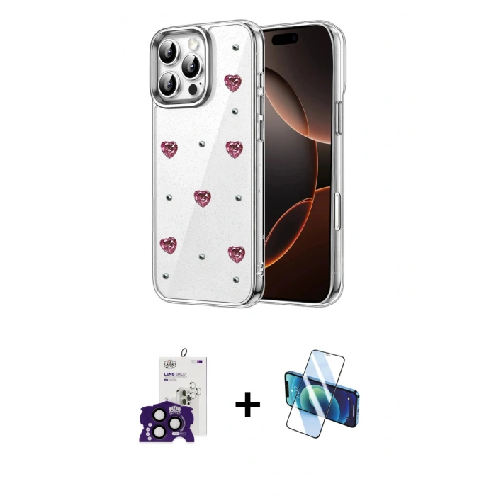 MARSİLYAN™- iPhone 16 Pro Max Kılıf Yörünge Form - Siyah 3D Antistatik Cam Ekran Koruyucu + Bilvis Titan Kamera Lens - SH