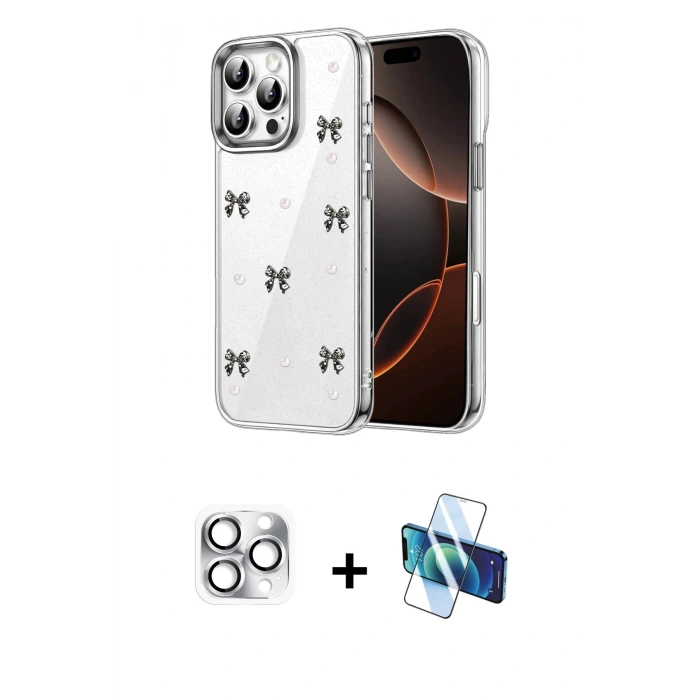 MARSİLYAN™- iPhone 16 Pro Max Kılıf Yörünge Form - Siyah 3D Antistatik Cam Ekran Koruyucu + Pers Alüminyum Kamera Lens - GS