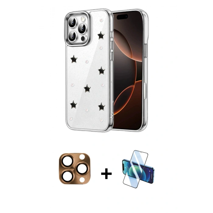 MARSİLYAN™- iPhone 16 Pro Max Kılıf Yörünge Form - Siyah 3D Antistatik Cam Ekran Koruyucu + Pers Alüminyum Kamera Lens - CLTM