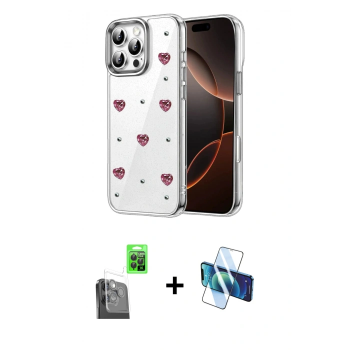 MARSİLYAN™- iPhone 16 Pro Max Kılıf Yörünge Form - Siyah 3D Antistatik Cam Ekran Koruyucu + Raze Metal Kamera Lens - SH