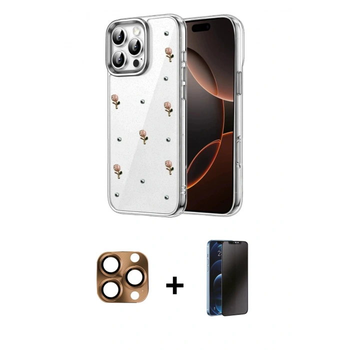 MARSİLYAN™- iPhone 16 Pro Max Kılıf Yörünge Form - Siyah 3D Antistatik Hayalet Cam Ekran Koruyucu + Pers Alüminyum Kamera Lens - CLTM