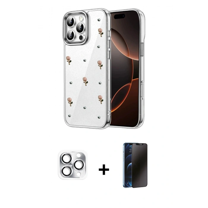 MARSİLYAN™- iPhone 16 Pro Max Kılıf Yörünge Form - Siyah 3D Antistatik Hayalet Cam Ekran Koruyucu + Pers Alüminyum Kamera Lens - GS