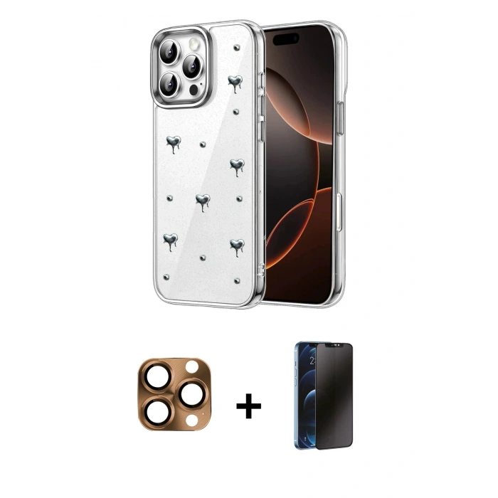 MARSİLYAN™- iPhone 16 Pro Max Kılıf Yörünge Form - Siyah 3D Antistatik Hayalet Cam Ekran Koruyucu + Pers Alüminyum Kamera Lens - CLTM