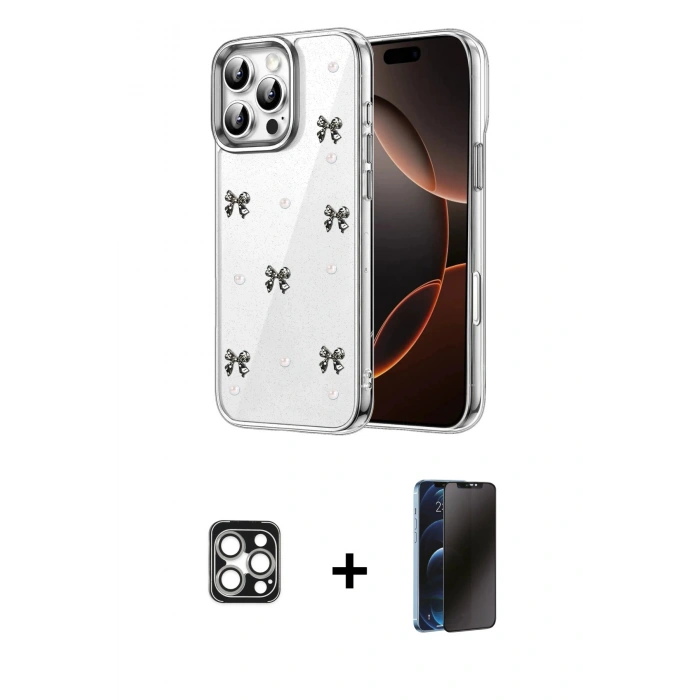 MARSİLYAN™- iPhone 16 Pro Max Kılıf Yörünge Form - Siyah 3D Antistatik Hayalet Cam Ekran Koruyucu + PVD Metal Kamera Lens - GS