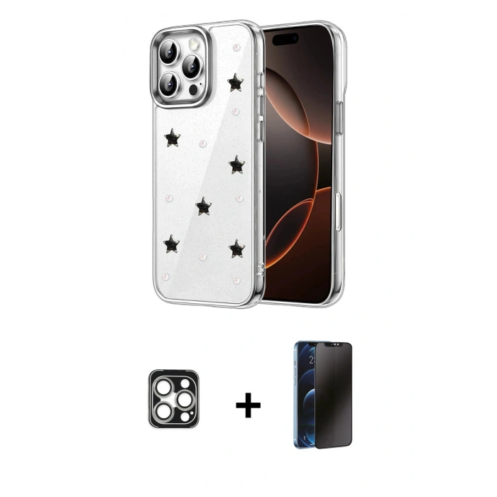 MARSİLYAN™- iPhone 16 Pro Max Kılıf Yörünge Form - Siyah 3D Antistatik Hayalet Cam Ekran Koruyucu + PVD Metal Kamera Lens - GS