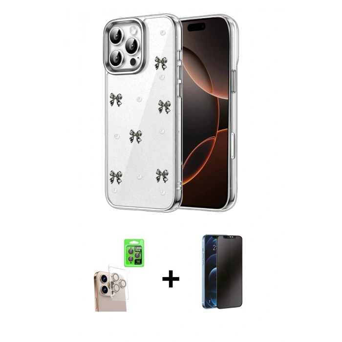 MARSİLYAN™- iPhone 16 Pro Max Kılıf Yörünge Form - Siyah 3D Antistatik Hayalet Cam Ekran Koruyucu + Raze Metal Kamera Lens - NLGY