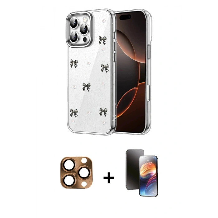 MARSİLYAN™- iPhone 16 Pro Max Kılıf Yörünge Form - Siyah 3D Antistatik Mat Seramik Nano Ekran Koruyucu + Çöl Titanyum Pers Alüminyum Kamera Lens