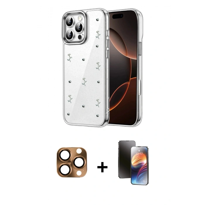MARSİLYAN™- iPhone 16 Pro Max Kılıf Yörünge Form - Siyah 3D Antistatik Mat Seramik Nano Ekran Koruyucu + Çöl Titanyum Pers Alüminyum Kamera Lens