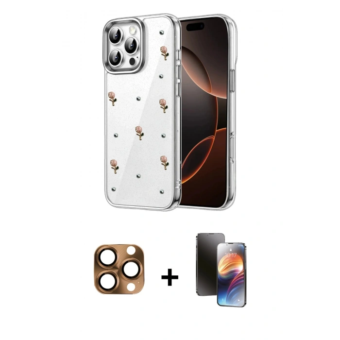 MARSİLYAN™- iPhone 16 Pro Max Kılıf Yörünge Form - Siyah 3D Antistatik Mat Seramik Nano Ekran Koruyucu + Çöl Titanyum Pers Alüminyum Kamera Lens