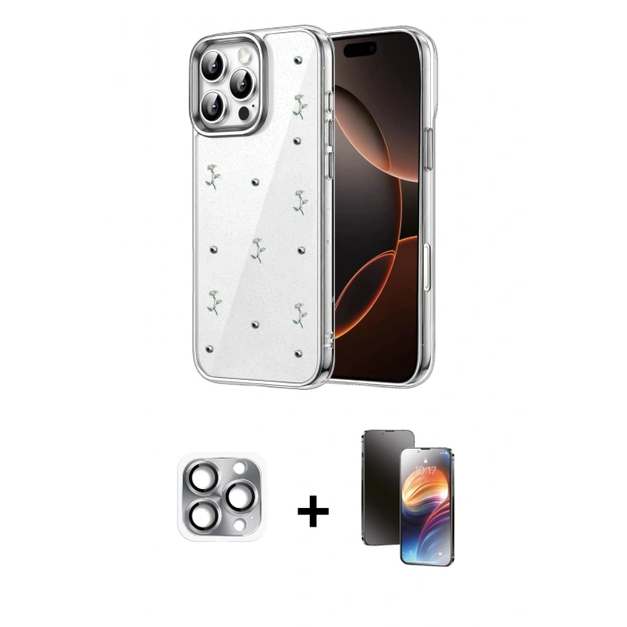 MARSİLYAN™- iPhone 16 Pro Max Kılıf Yörünge Form - Siyah 3D Antistatik Mat Seramik Nano Ekran Koruyucu + Pers Alüminyum Kamera Lens - GI