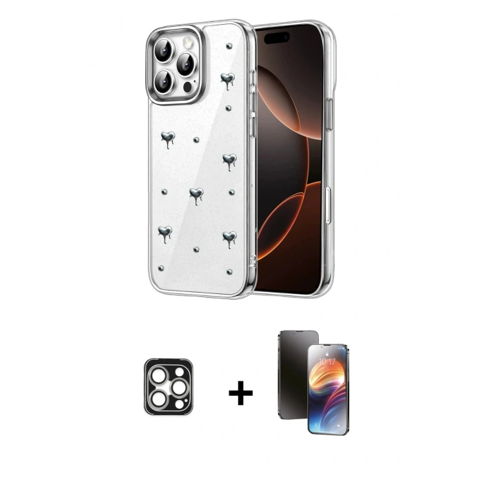 MARSİLYAN™- iPhone 16 Pro Max Kılıf Yörünge Form - Siyah 3D Antistatik Mat Seramik Nano Ekran Koruyucu + PVD Metal Kamera Lens - GS