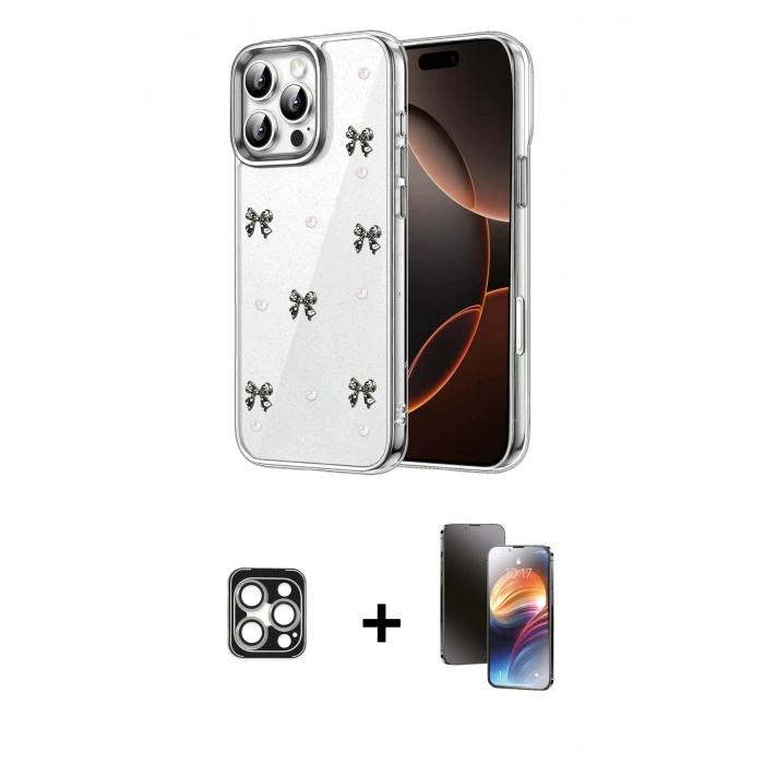 MARSİLYAN™- iPhone 16 Pro Max Kılıf Yörünge Form - Siyah 3D Antistatik Mat Seramik Nano Ekran Koruyucu + PVD Metal Kamera Lens - GS