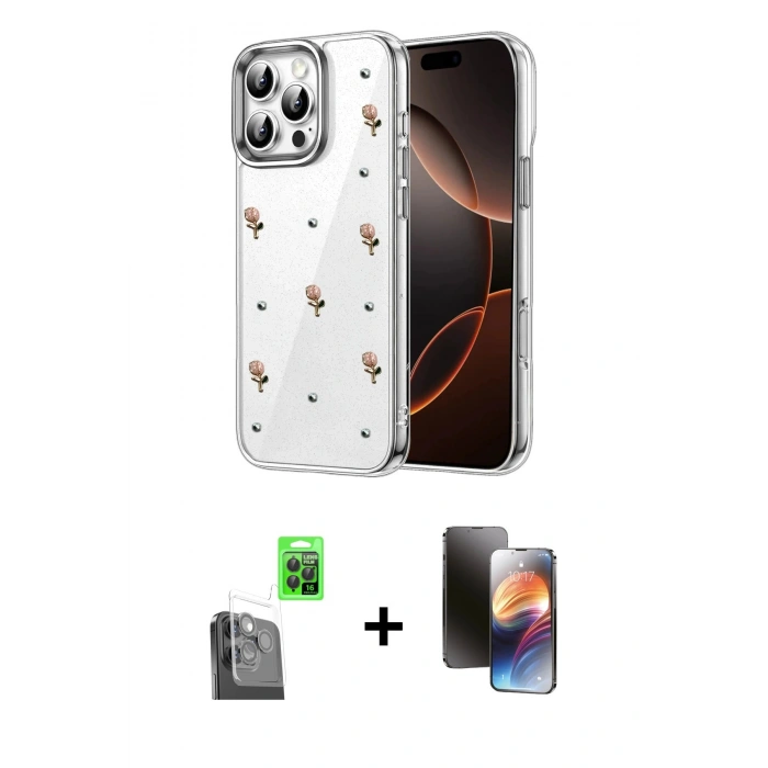 MARSİLYAN™- iPhone 16 Pro Max Kılıf Yörünge Form - Siyah 3D Antistatik Mat Seramik Nano Ekran Koruyucu + Siyah Raze Metal Kamera Lens