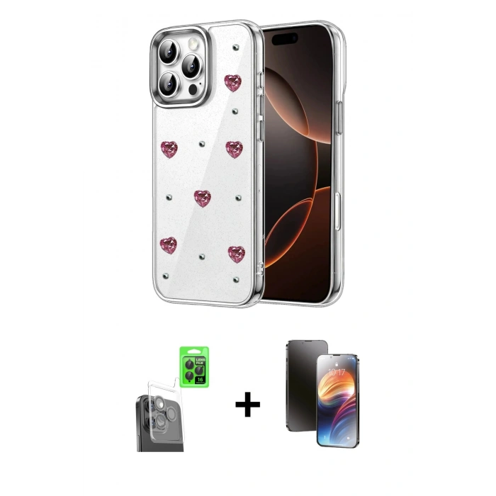 MARSİLYAN™- iPhone 16 Pro Max Kılıf Yörünge Form - Siyah 3D Antistatik Mat Seramik Nano Ekran Koruyucu + Siyah Raze Metal Kamera Lens