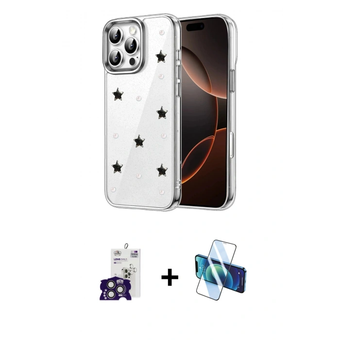 MARSİLYAN™- iPhone 16 Pro Max Kılıf Yörünge Form - Siyah 3D Antistatik Seramik Nano Ekran Koruyucu + Bilvis Titan Kamera Lens - TMGI