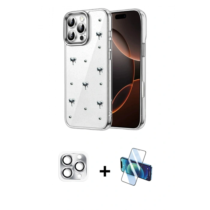MARSİLYAN™- iPhone 16 Pro Max Kılıf Yörünge Form - Siyah 3D Antistatik Seramik Nano Ekran Koruyucu + Gümüş Pers Alüminyum Kamera Lens