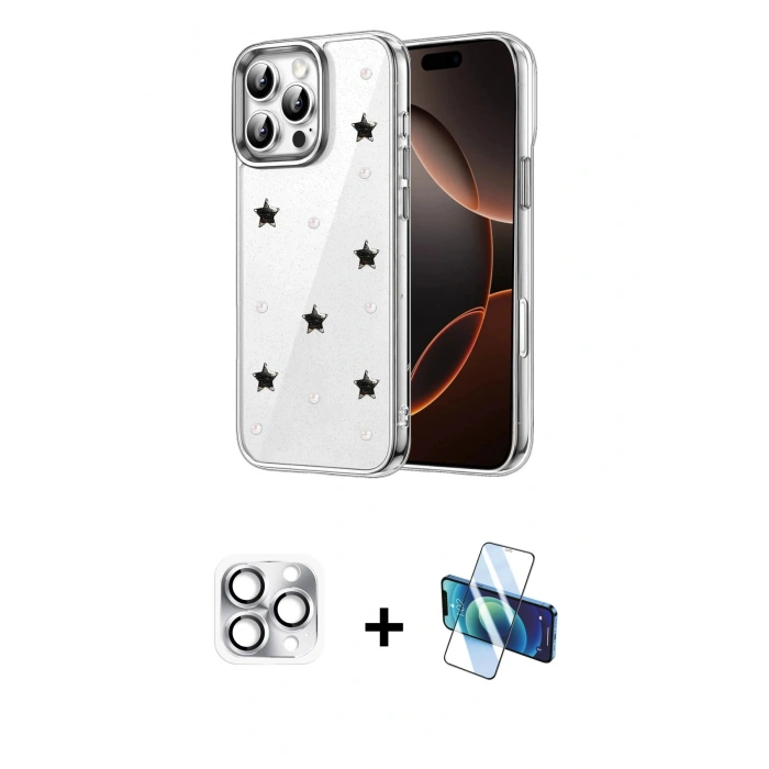 MARSİLYAN™- iPhone 16 Pro Max Kılıf Yörünge Form - Siyah 3D Antistatik Seramik Nano Ekran Koruyucu + Gümüş Pers Alüminyum Kamera Lens