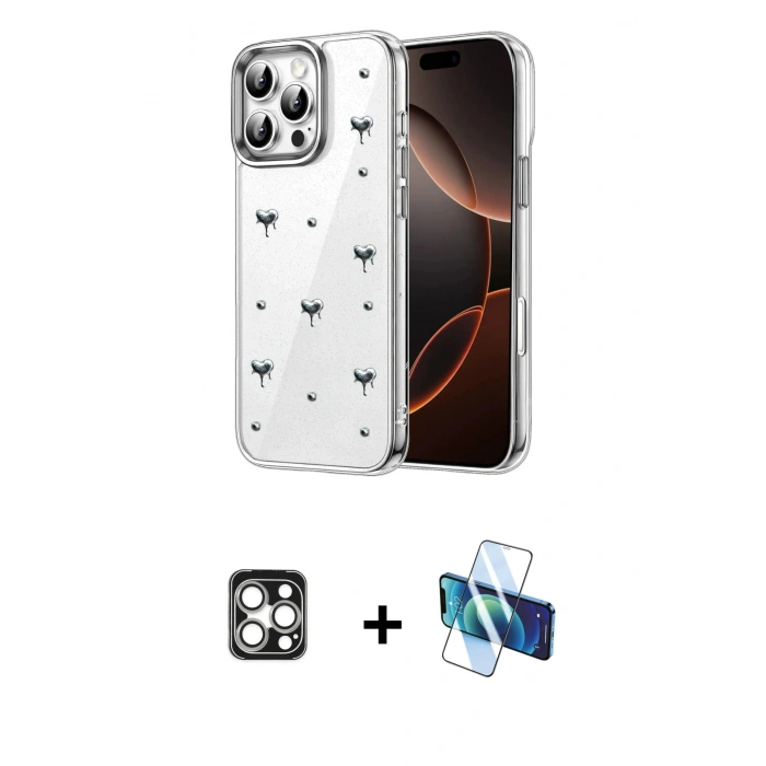 MARSİLYAN™- iPhone 16 Pro Max Kılıf Yörünge Form - Siyah 3D Antistatik Seramik Nano Ekran Koruyucu + PVD Metal Kamera Lens - GS
