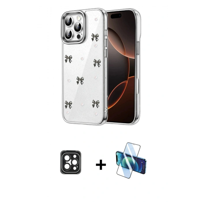 MARSİLYAN™- iPhone 16 Pro Max Kılıf Yörünge Form - Siyah 3D Antistatik Seramik Nano Ekran Koruyucu + PVD Metal Kamera Lens - SH