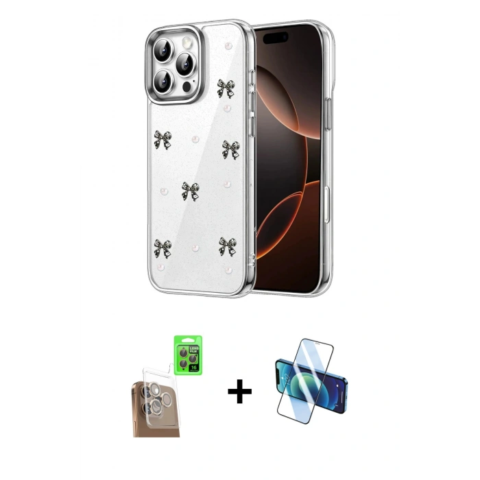 MARSİLYAN™- iPhone 16 Pro Max Kılıf Yörünge Form - Siyah 3D Antistatik Seramik Nano Ekran Koruyucu + Raze Metal Kamera Lens - CLTM