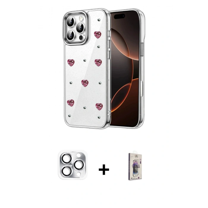 MARSİLYAN™- iPhone 16 Pro Max Kılıf Yörünge Form - Siyah Bilvis 3D Cam Ekran Koruyucu + Pers Alüminyum Kamera Lens - GS