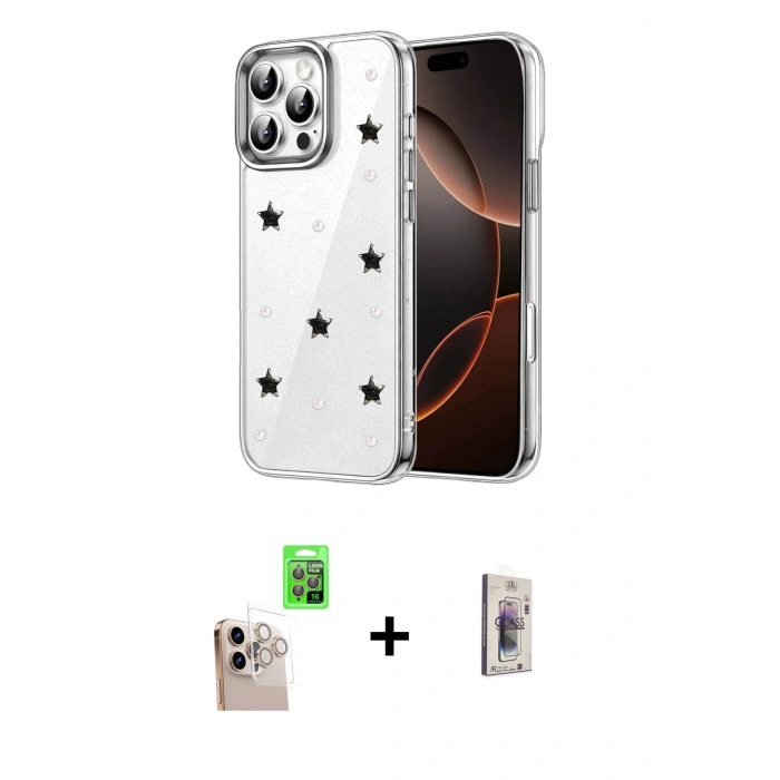 MARSİLYAN™- iPhone 16 Pro Max Kılıf Yörünge Form - Siyah Bilvis 3D Cam Ekran Koruyucu + Raze Metal Kamera Lens - NLGY