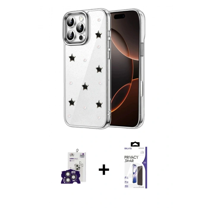 MARSİLYAN™- iPhone 16 Pro Max Kılıf Yörünge Form - Siyah Bilvis 3X AR Hayalet Cam Ekran Koruyucu + Bilvis Titan Kamera Lens - TMGI